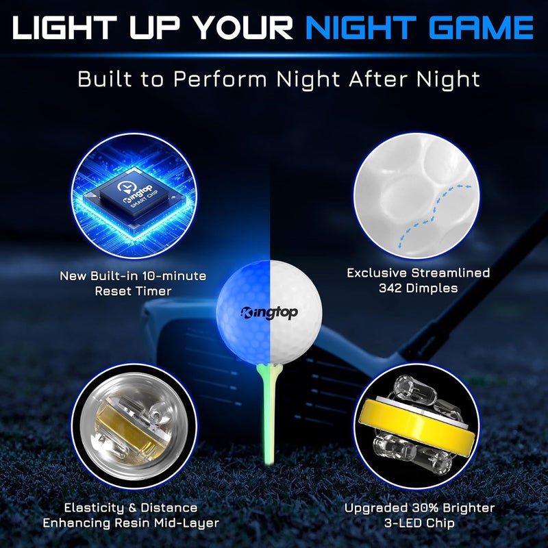 KINGTOP Upgraded Glow in The Dark Golf Balls - Super Bright Light Up LED Golf Ball - with Glow Golf Tees and Storage Bag - Fun Night Golfing Gift for Men and Women | Backyard Putting Greens - Image 2